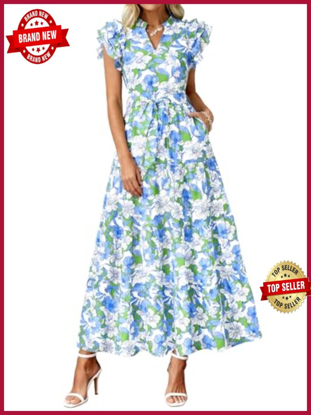 Women Boho Floral V Neck Ruffle Cap Sleeve Belted Maxi Dress with Pockets